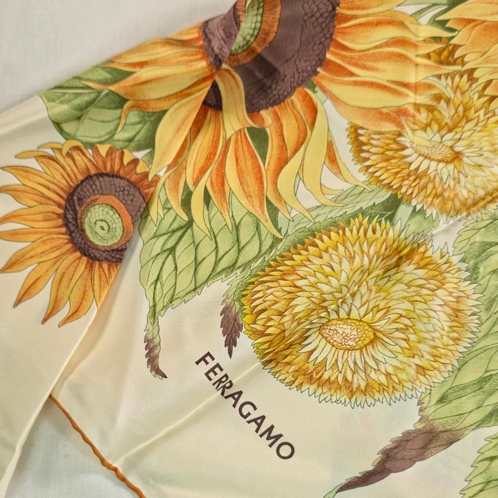 Ferragamo Womens Sunflower Silk Scarf OS Ivory/Yellow Square Foulard Italy NWT